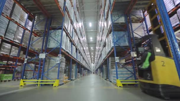 Magasinarbete. Moderna lastare i ett stort lager. Arbetsflöde i ett stort lager. Specialutrustning i fabrikens lager. — Stockvideo