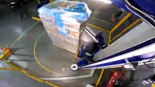 Κουτιά συσκευασίας σε πλαστική μεμβράνη στο εργοστάσιο. Ένα ειδικό μηχάνημα τυλίγει κουτιά σε μεμβράνη πολυαιθυλενίου — Αρχείο Βίντεο
