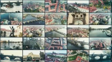 Prag 'ın çoklu ekran görüntüleri. Prag video duvarının ana mimari objeleri. Prag, Çek Cumhuriyeti. Prag şehri çok ekranlı kolajın yukarısından. Prag havadan. Prag eski kasaba video duvarı.