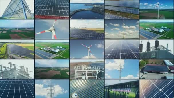 Groene elektriciteit multi screen collage. Scheidingsscherm voor alternatieve energie. Videomuur voor de opwekking van hernieuwbare elektriciteit — Stockvideo