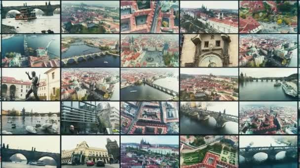 프라하 멀티 스크린의 모습. 프라하의 비디오 벽의 주요 건축 대상이다. 체코 프라하. 프라하시, 멀티 스크린 콜라주 출신. 공중에서 프라하 입니다. 프라하의 오래 된 도시 비디오 벽. — 비디오