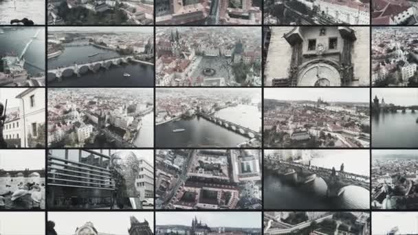 Praga ciudad desde arriba collage multipantalla. Praga desde el aire. Praga casco antiguo muralla de vídeo. — Vídeos de Stock