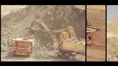 Taş ocağındaki büyük sarı damperli kamyon. Bir videoda birden fazla kare. Büyük bir demir cevheri ocağında çalışıyorum. Kömür madenciliği. Demir cevheri ocağından seçilen çerçeveler.
