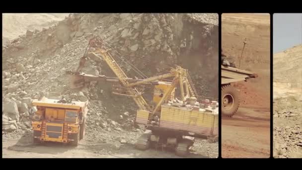 En stor gul sopbil i ett stenbrott. Flera bilder i en video. Arbeta i ett stort järnmalmsbrott. Kolbrytning.Ett urval ramar från ett järnmalmsbrott — Stockvideo