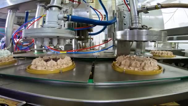 Η διαδικασία της δημιουργίας ενός κέικ σε μια γραμμή μεταφοράς. Σύγχρονο εργοστάσιο ζαχαροπλαστικής. Κέικ σε αυτόματο ιμάντα μεταφοράς — Αρχείο Βίντεο