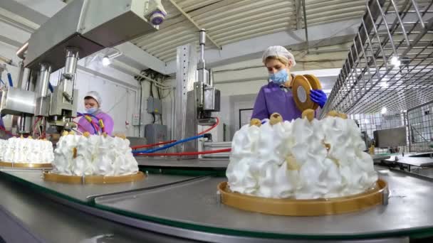 De laatste stap in het maken van de taart. Voltooiing van de taart in de fabriek. zoetwarenfabriek — Stockvideo