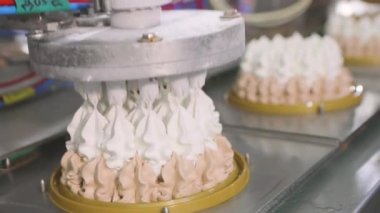 Modern dondurma fabrikası. Dondurma üretimi için otomatik taşıyıcı. Dondurma fabrikası. Dondurma yapma süreci.