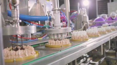 Otomatik dondurma üretimi. Dondurmalı pasta yapmak için otomatik taşıyıcı. Dondurma tüplerden güzelce çıkarılmış.