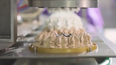 Otomatik dondurma üretimi. Dondurmalı pasta yapmak için otomatik taşıyıcı. Dondurma tüplerden güzelce çıkarılmış.