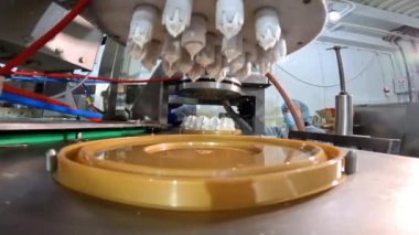 Dondurmalı pasta yapmak için otomatik taşıyıcı. Otomatik dondurma üretimi. Dondurma tüplerden çıkarıldı.