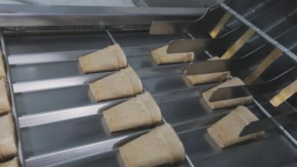 Production automatisée de tasses à gaufrettes. Processus de production de crème glacée. usine de crème glacée — Video