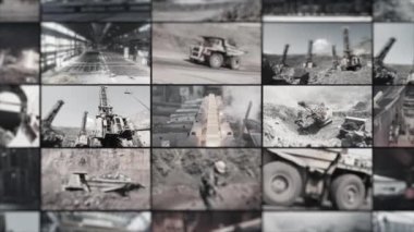 Demir cevheri madenciliği çoklu ekran video. Demir ocağı kolajı. Metal çoklu ekran videonun tam döngü oluşturulması. Demir madeninde ağır ekipman.