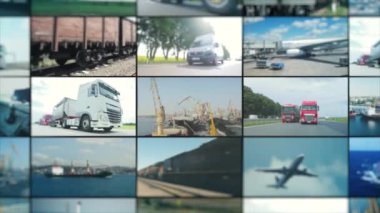 Çeşitli nakliye araçlarıyla mal teslimatı. Çoklu ekran lojistik. İş lojistiği. Araçlar malları teslim eder. Büyük bir şirkette lojistik. Bir videoda lojistik işlem.
