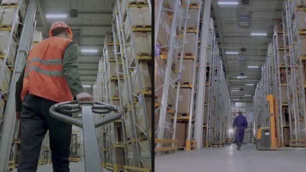 工厂仓库里的专用设备 很多叉车在仓库里巡视 大型仓库中的现代装载机 — 图库视频影像
