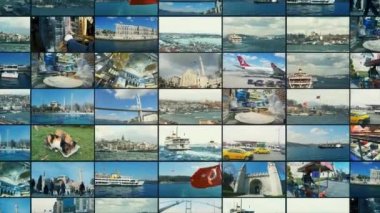 Türkiye 'nin ünlü mekanları bölünmüş ekranda. İstanbul video duvarı. seyahat hindisi çoklu ekran.
