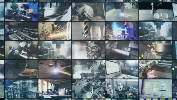金属部品を作成するプロセス マルチスクリーンで金属製品を作成します 産業用ビデオ分割画面 金属加工 — ストック動画