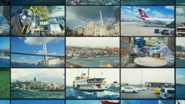 Türkiye 'nin ünlü mekanları bölünmüş ekranda. İstanbul video duvarı. seyahat hindisi çoklu ekran.