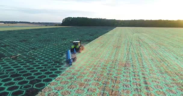Digitalisering Landbruget Kombiner Mejetærsker Arbejder Marken Luftfoto Futuristisk Landbrug Koncept – Stock-video