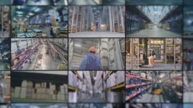 Modern depo kolaması. Büyük bir depoda çoklu ekran video işi. Fabrikada modern bir depo. sanayi açıcı.