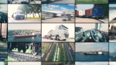 Çeşitli nakliye araçlarıyla mal teslimatı. Çoklu ekran lojistik. İş lojistiği. Araçlar malları teslim eder. Büyük bir şirkette lojistik. Bir videoda lojistik işlem.