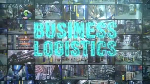 マルチスクリーンコラージュ現代的な倉庫 ビジネス ロジスティクスのインフォグラフィック 倉庫内の商品の輸送 近代的な倉庫のコラージュで特別な機器 — ストック動画
