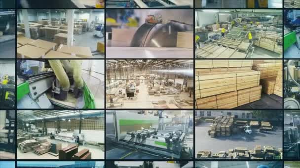 Moderní Dřevozpracující Továrna Nábytek Výroba Multiscreen Video Koláž Dřevozpracující Továrny — Stock video