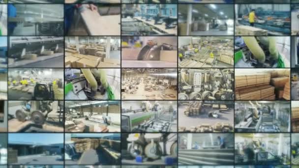 Modern Träbearbetningsfabrik Multiscreenvideo För Möbelproduktion Träbearbetningsfabrikens Collage — Stockvideo