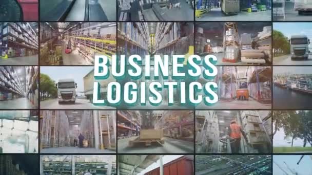 Multiscreen Collage Modern Warehouse Business Logistics Infographic Transportation Goods Warehouse — Vídeo de Stock