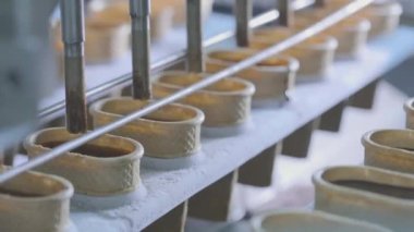 Bir kadın konveyör hattına waffle fincanı koyar. Dondurma üretimi. Gıda üretimi.