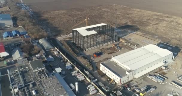 Construction Large Warehouse Factory Aerial View Construction New Factory Workshop — Stock Video