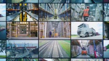 Modern depo kolaması. Büyük bir depoda çoklu ekran video işi. Fabrikada modern bir depo. sanayi açıcı.