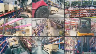 Modern depo kolaması. Büyük bir depoda çoklu ekran video işi. Fabrikada modern bir depo. sanayi açıcı.