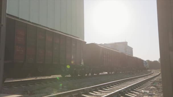 Tavarajuna Kulkee Tehtaan Läpi Rautatievaunut Liikkuvat Tehtaalla Tavarajuna Tehtaalla — kuvapankkivideo