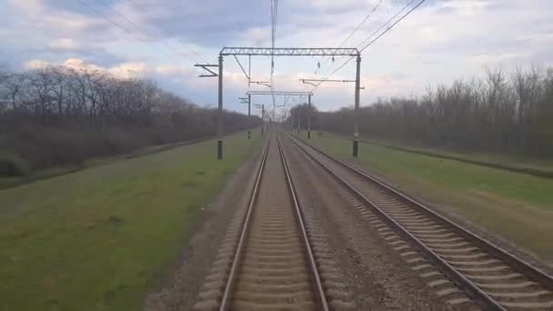 Ruch Pociągu Widok Przez Okno Ostatniego Wagonu Kolejowego Wokół Zielonej — Wideo stockowe