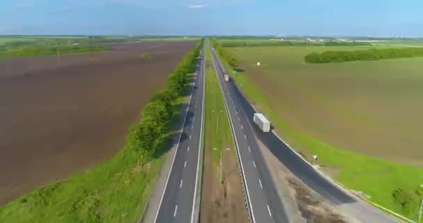 ヨーロッパの道路 道路を渡って 2つの高速道路が交差し 1つの道路になる 車のトップビューで高速道路 大きな道路の周りの緑の牧草地 — ストック動画