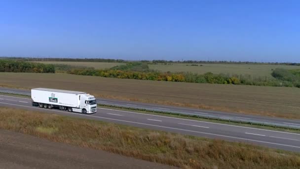 Білий Вагон Їде Шосе Сонячну Погоду Вантажівка Шосе — стокове відео