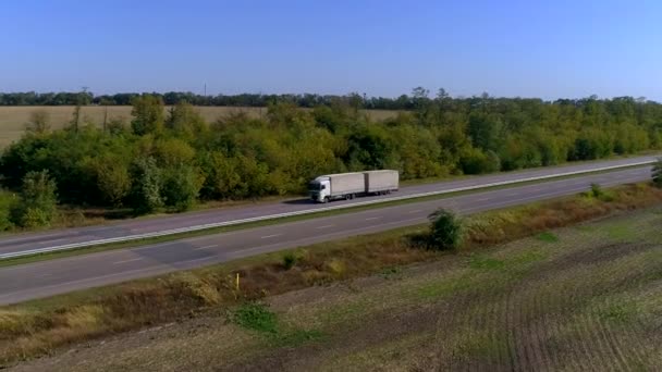 Білий Вагон Їде Шосе Сонячну Погоду Вантажівка Шосе — стокове відео