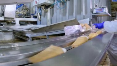 Taşıyıcı üzerinde çalışan bir işçi dondurma serer. Fabrikada dondurma üretimi. Taşıyıcı üzerinde çalış. Montaj hattında rutin çalışma.