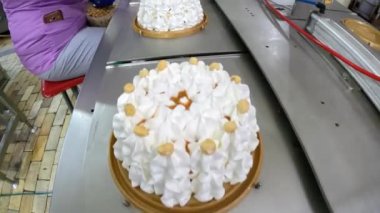 Otomatik dondurma üretimi. Dondurmalı pasta yapmak için otomatik taşıyıcı. Dondurma tüplerden güzelce çıkarılmış..