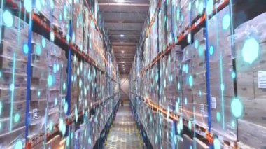 Depoda modern bir forklift. Modern teknolojilerin görselleştirilmesi. Grafikleri olan modern bir depoda forklift..