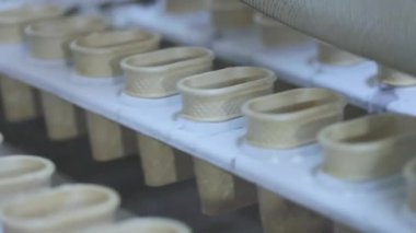 Gözleme kabı konveyör hattında. Modern gıda üretimi. Dondurma yapma süreci..