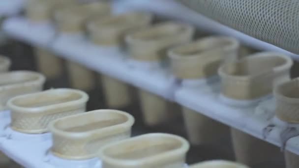 コンベアライン上のウエハーカップ 現代の食料生産 アイスクリームを作る過程 — ストック動画