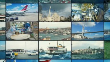 Türkiye 'nin ünlü mekanları bölünmüş ekranda. İstanbul video duvarı. seyahat hindisi çoklu ekran.