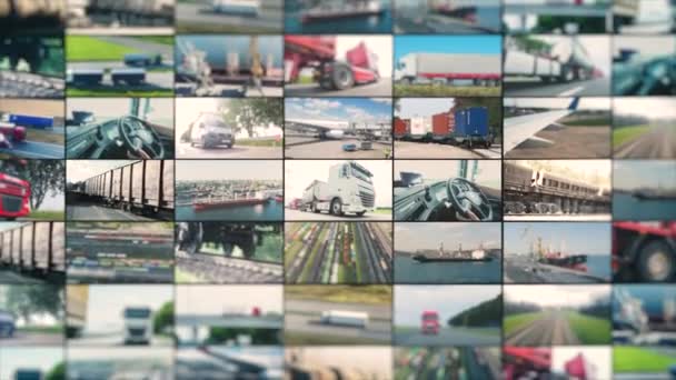 輸送手段による商品の配送 マルチスクリーン物流 ビジネス ロジスティクス 車は商品を運ぶ 大企業の物流 1つのビデオでの物流プロセス — ストック動画