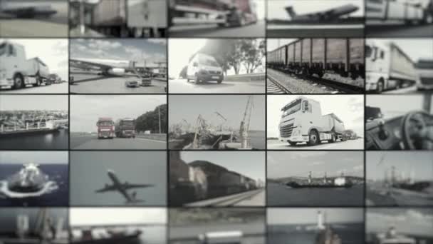 以各种运输工具交付货物 多屏物流 商业物流 车辆运送货物 一家大公司的后勤工作 一个视频中的后勤处理 — 图库视频影像