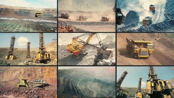 Iron Ore Mining Multiscreen Video Iron Quarry Collage Full Cycle — Stock Video