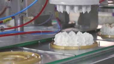 Otomatik dondurma üretimi. Dondurmalı pasta yapmak için otomatik taşıyıcı. Dondurma tüplerden güzelce çıkarılmış..