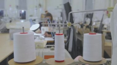 Birçok terzi bir giyim fabrikasında çalışır. Bir giyim fabrikasında çalışma süreci. Büyük dikiş atölyesi. Terziler fabrikada ürün yapar. Kumaş fabrikası.