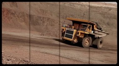 Kömür madenciliği. Bir videoda birden fazla kare. Taş ocağındaki büyük sarı damperli kamyon. Büyük bir demir cevheri ocağında çalışıyorum. Demir cevheri madeninden bir çerçeve seçimi..