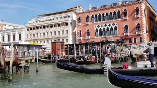 威尼斯人运河威尼斯码头上的甘多利亚人威尼斯阳光灿烂的一天 — 图库视频影像